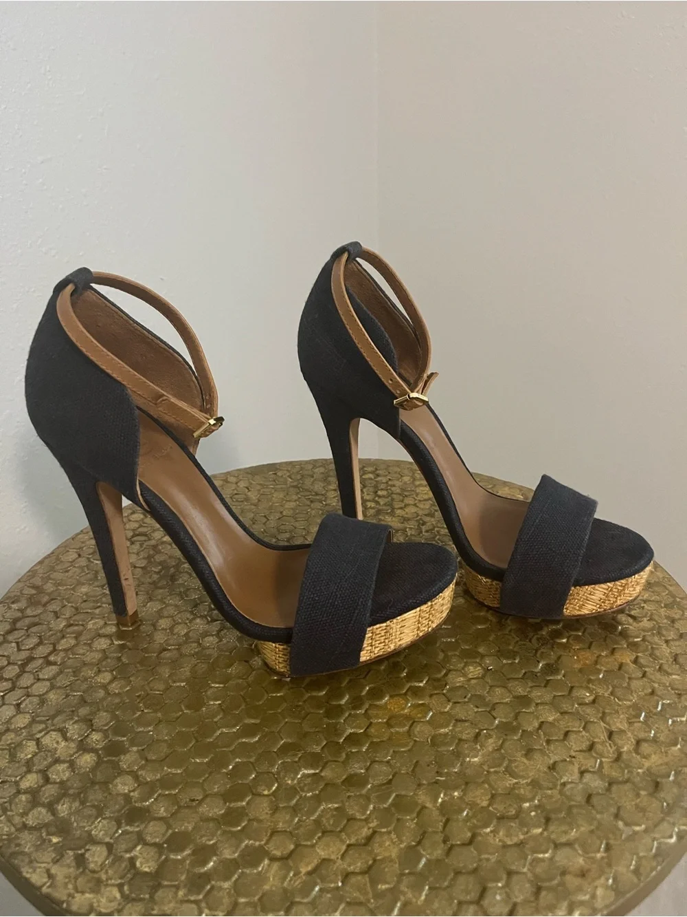 Tory Burch Navy and Tan Platform Ankle-Strap Heels 7 summer open toe